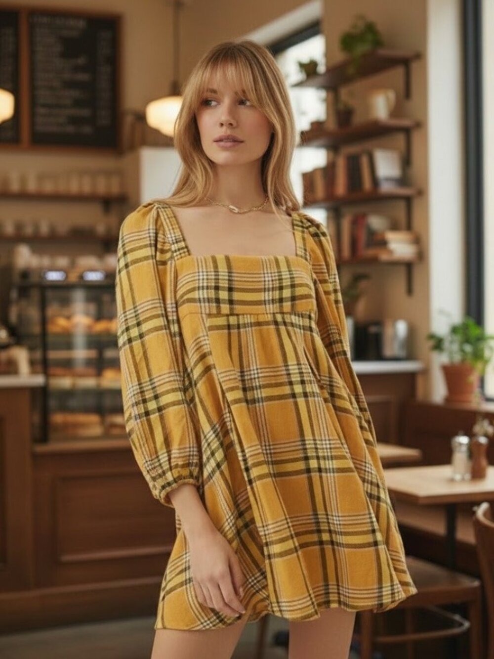 Urban Outfitters UO Flannel Mini Dress S Yellow Plaid
